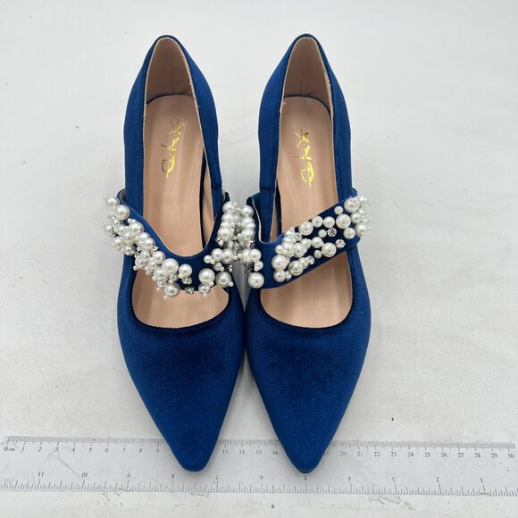 XYD Blue Pointed Toe Chunky Pumps Slip On Mary Jane Single Strap with Pearl Stud - Picture 3 of 8